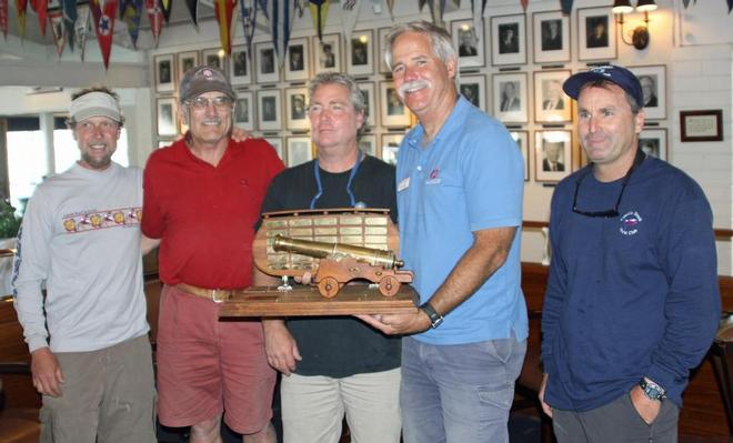 Scott Holcomb and his Cal 25 team of Calamazoo won the 2013 Walt Elliott Harbor Challenge regatta and accept the beautiful Walt Elliott Trophy. © Rick Roberts 