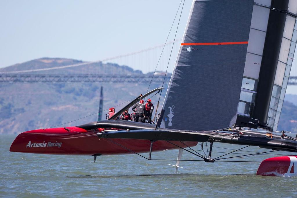 Bow on shot of Artemis Racing’s AC72 testing in San Francisco south bay. Artemis Racing April 2013, Alameda,  © Sander van der Borch / Artemis Racing http://www.sandervanderborch.com