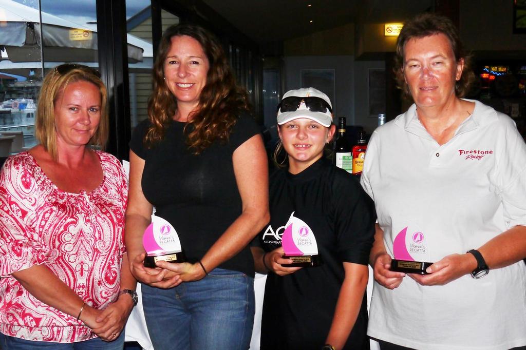 Third place went to Suzanne Arms's team (R), her 11-year-old trimmer Hailey Gardiner-Lea and Bev McGregor (bow), with proud mother Jenny Gardiner - Mooloolaba Women's Series 2013 photo copyright Mike Kenyon http://kenyonsportsphotos.com.au/ taken at  and featuring the  class
