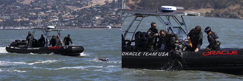 Jimmy Spithill shown swimming in San Francisco, and then being retrieved aboard the Oracle Team USA chase boat photo copyright Oracle Team USA http://www.oracleteamusa.com taken at  and featuring the  class