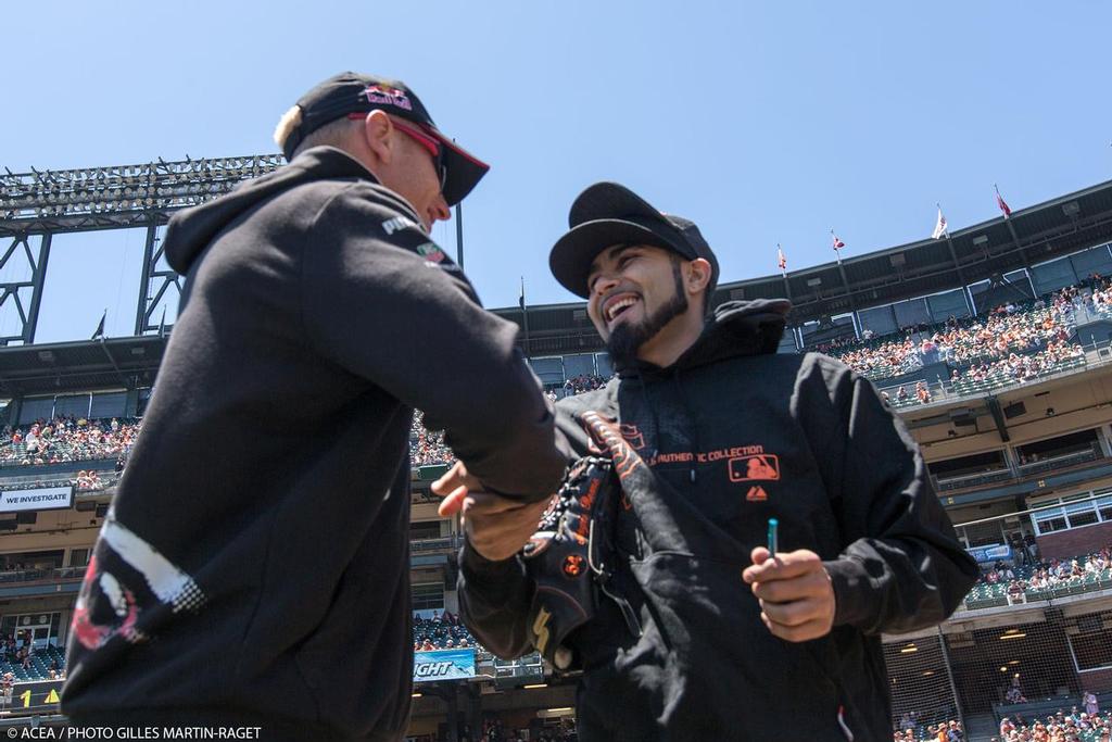 America’s Cup Day at AT&T Park with the SF Giants - Jimmy Spithill (Oracle Team USA) with Sergio Romo (SF Giants) photo copyright ACEA - Photo Gilles Martin-Raget http://photo.americascup.com/ taken at  and featuring the  class