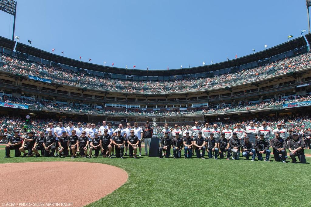 America’s Cup Day at AT&T Park with the SF Giants - the four teams and the America’s Cup Trophy with SF Giants manager Bruce Bochy photo copyright ACEA - Photo Gilles Martin-Raget http://photo.americascup.com/ taken at  and featuring the  class
