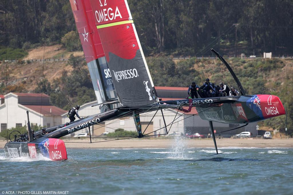 Emirates Team NZ’s AC72’’s Rudder Elevators can bee seen in this shot from her first sail in May 23, 2013 © ACEA - Photo Gilles Martin-Raget http://photo.americascup.com/