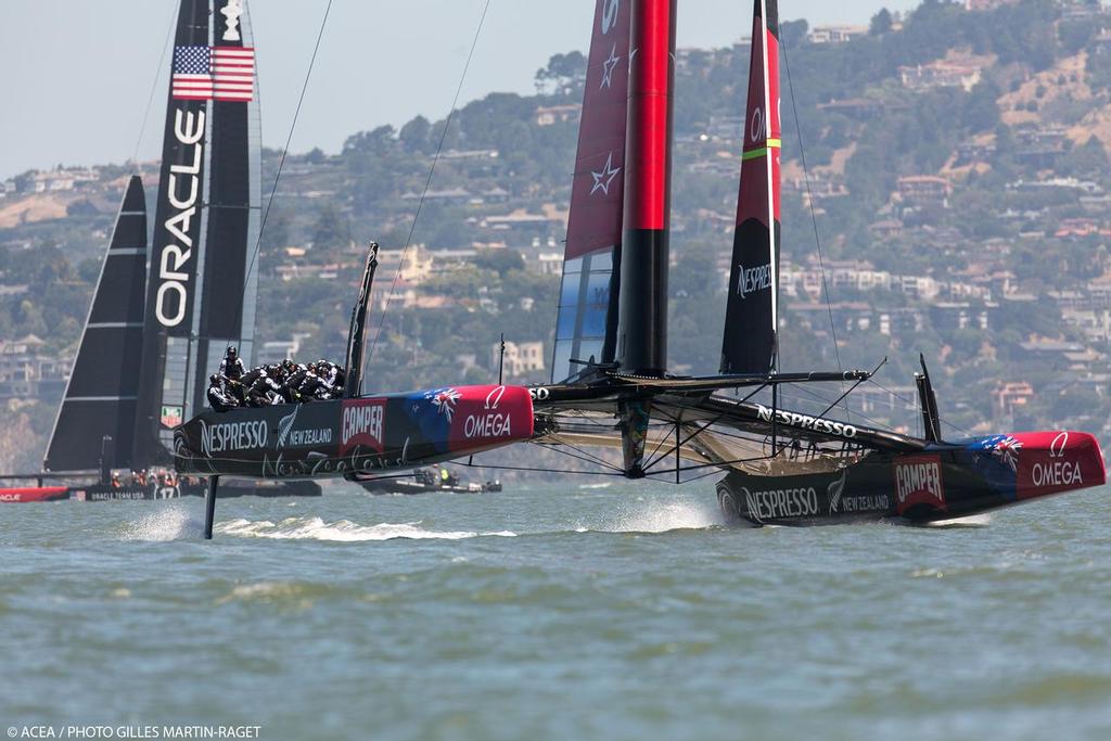 Emirates Team New Zealand and Oracle Team USA testing in the same patch of water in SF bay May 23, 2013 photo copyright ACEA - Photo Gilles Martin-Raget http://photo.americascup.com/ taken at  and featuring the  class