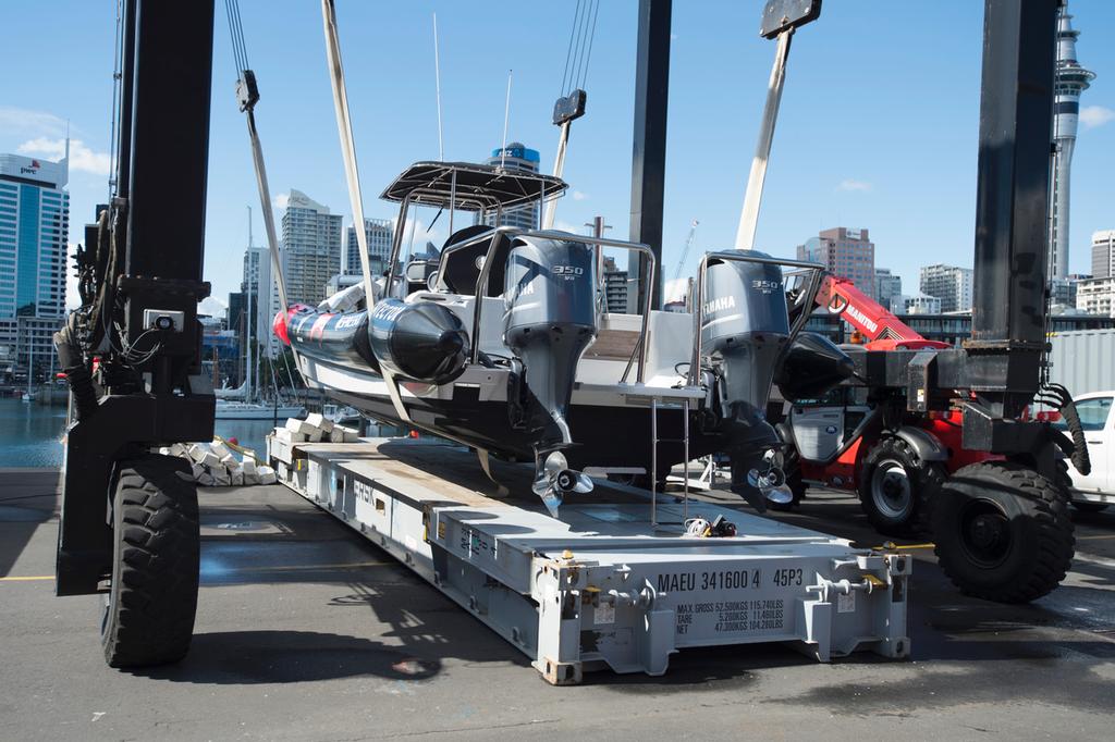 Emirates Team New Zealand chase boat loaded on a flat rack for shipping. 6/4/2013 photo copyright Chris Cameron/ETNZ http://www.chriscameron.co.nz taken at  and featuring the  class