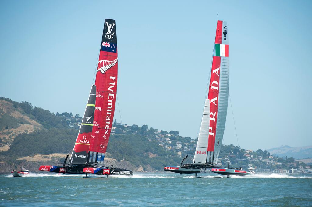 Emirates Team New Zealand AC72, NZL5 and Luna Rossa start their first practice race in San Francisco. 13/6/2013 photo copyright Chris Cameron/ETNZ http://www.chriscameron.co.nz taken at  and featuring the  class