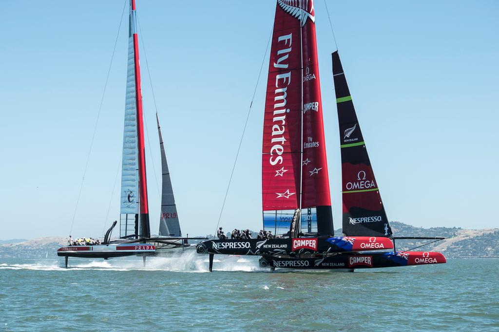 Emirates Team New Zealand AC72, NZL5 and Luna Rossa in their first practice race in San Francisco. 13/6/2013 photo copyright Chris Cameron/ETNZ http://www.chriscameron.co.nz taken at  and featuring the  class