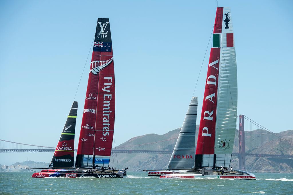 Emirates Team New Zealand AC72, NZL5 and Luna Rossa in their second practice race in San Francisco. 13/6/2013 photo copyright Chris Cameron/ETNZ http://www.chriscameron.co.nz taken at  and featuring the  class