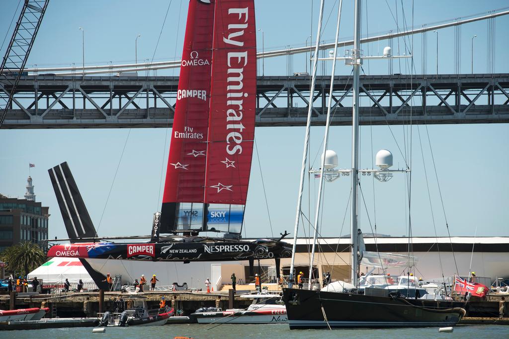 Emirates Team New Zealand pull AC72, NZL5 out after a practice session on San Francisco Bay. 21/6/2013 photo copyright Chris Cameron/ETNZ http://www.chriscameron.co.nz taken at  and featuring the  class