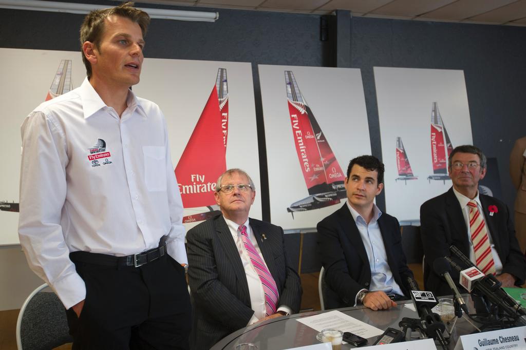 Emirates Team New Zealand press conference to announce their participation in the 33rd America's Cup and the signing of Nespresso as a sponsor. (L to R) Dean Barker, Richard Vaughan DSVP commercial ops Emirates Airline, Guillaume Cheneau NZ country Manager Nespresso, Bob Field Chairman Toyota New Zealand. 21/4/2011 photo copyright Chris Cameron/ETNZ http://www.chriscameron.co.nz taken at  and featuring the  class