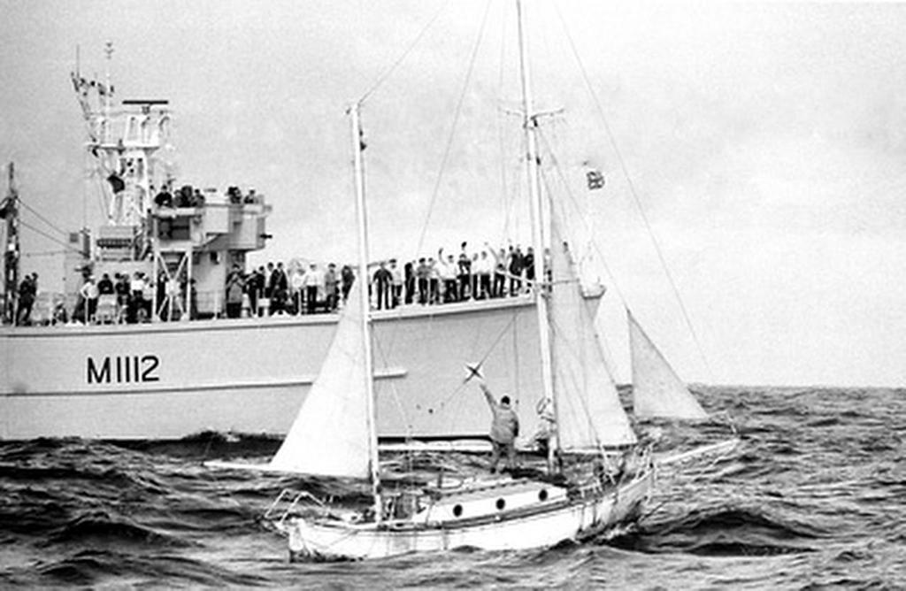 Circa 22nd April 1969: Robin Knox-Johnston waving aboard his 32ft yacht SUHAILI off Falmouth, England after becoming the first man to sail solo non-stop around the globe. Knox-Johnston was the sole finisher in the Sunday Times Golden Globe solo round the world race, having set out from Falmouth, England Falmouth, England on 14th June 1968 © Bill Rowntree - PPL http://www.pplmedia.com