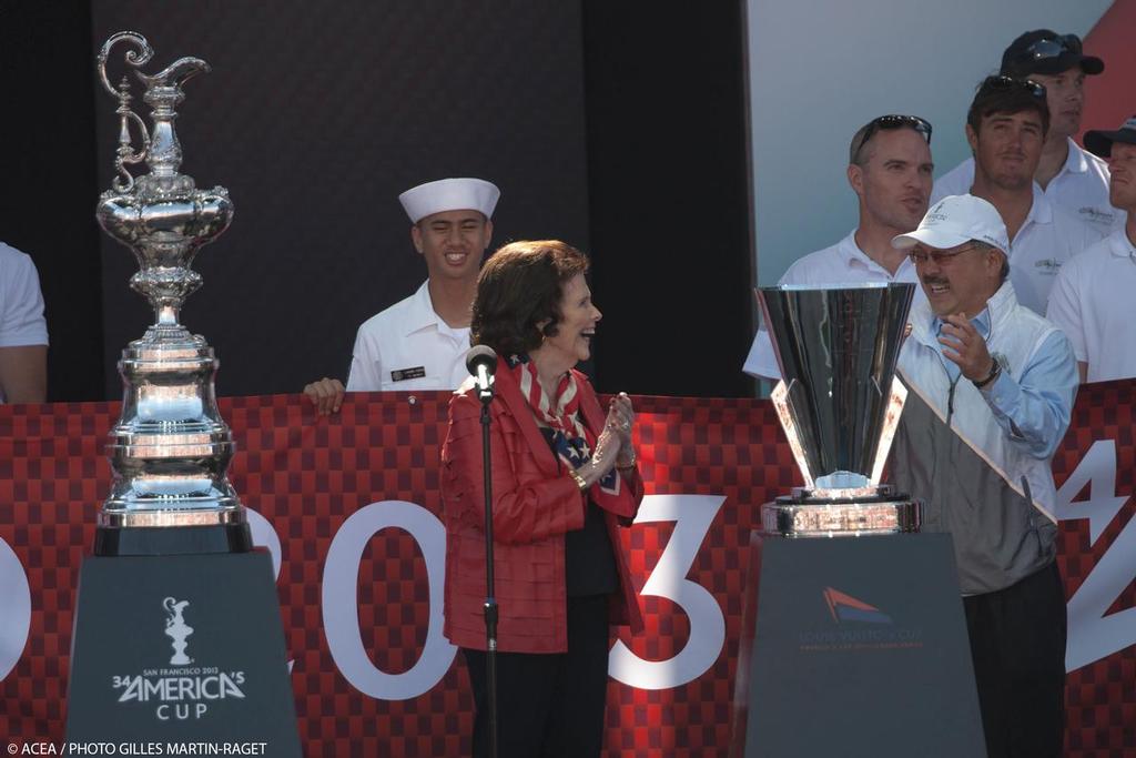 Still very active in all things America’s Cup, a delighted Lucy Jewett (centre) inductee into the America’s Cup Hall of Fame a opened the 34th America’s Cup on July 3, 2013 © ACEA - Photo Gilles Martin-Raget http://photo.americascup.com/