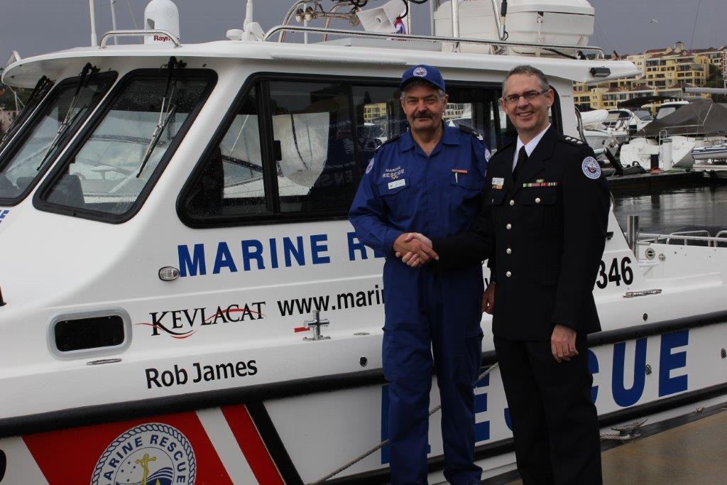 MR Port Jackson Unit Commander David Hand (R), with Rob James, whose 33 years of service to the unit is honoured by naming rights on the new vessel Port Jackson 30 - Marine rescue NSW photo copyright Ken McManus taken at  and featuring the  class