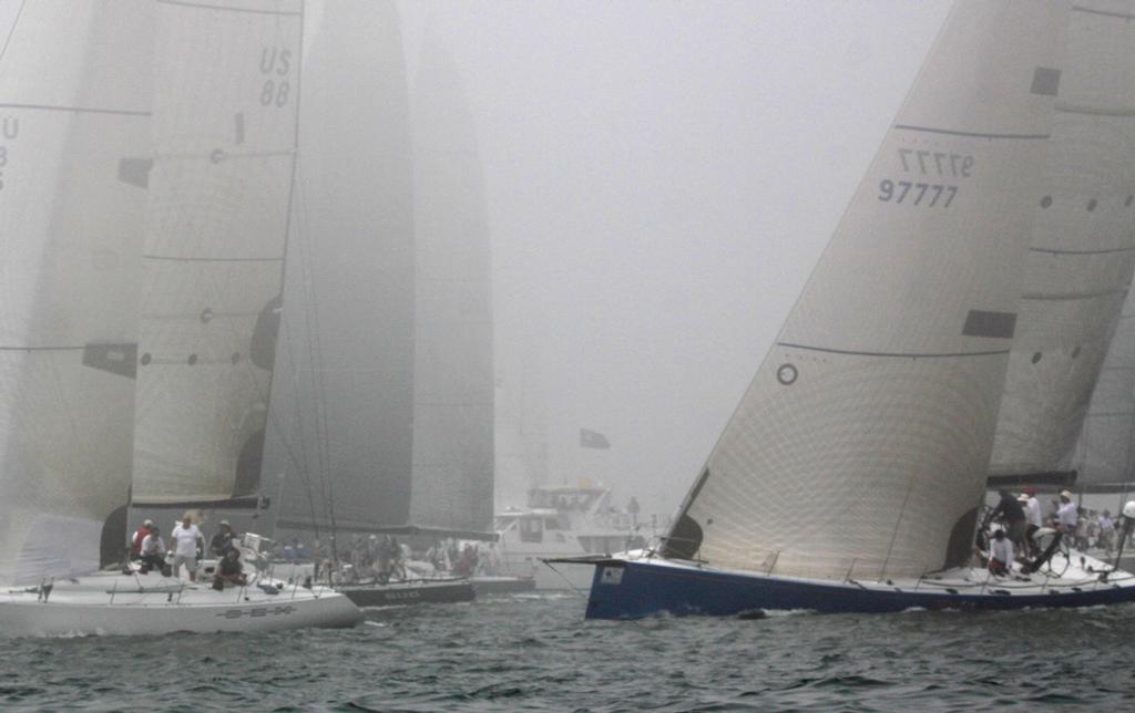 2013 Ullman Sails Long Beach Race Week -The first flights of Friday’s races  were sailed in an offshore fog   © Rich Roberts / photo boat captain Mike Learned .