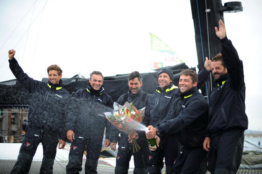 Spindrift crew celebrate win in Dun Laoghaire - 2013 Route des Princes Leg 2 photo copyright  Dominique Le Roux taken at  and featuring the  class