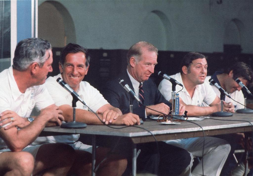 Ted Hood (second from left) at a media conference in the 1974 America’s Cup, others are Bob McCullough (left), Bus Mosbacher (centre), Alan Bond, and Ben Lexcen photo copyright Paul Darling Photography Maritime Productions www.sail-world.com/nz taken at  and featuring the  class