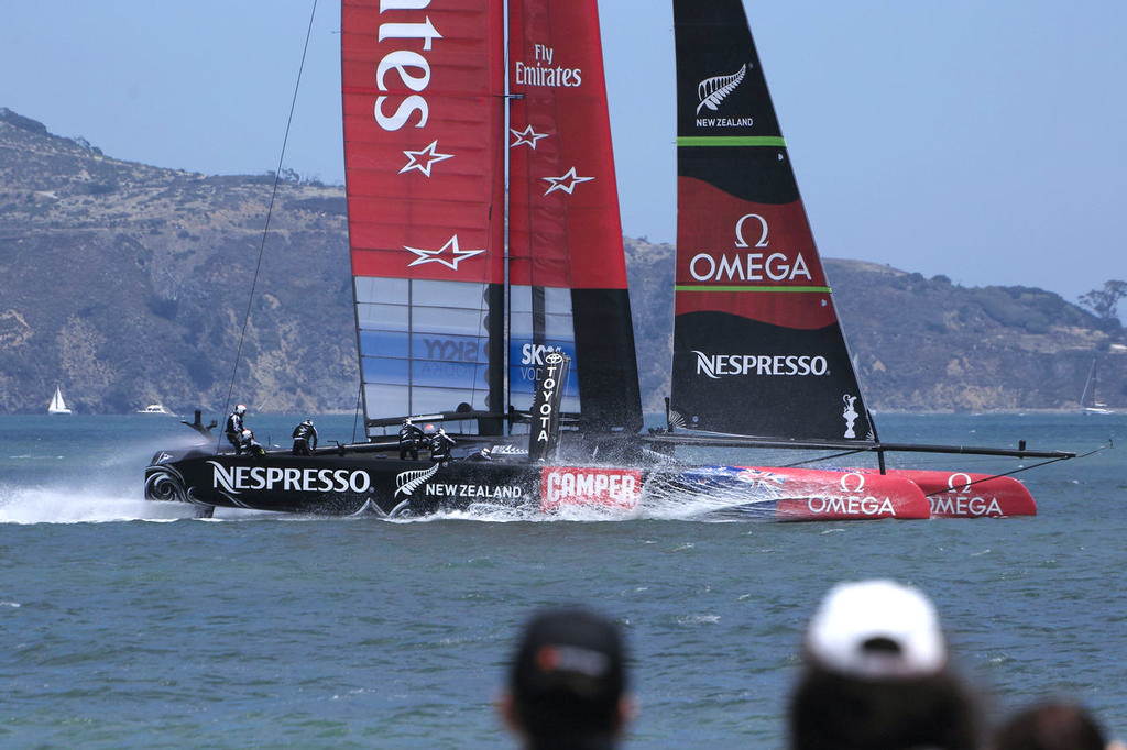 For most of their two laps, ETNZ stayed off their foils.  - America’s Cup © Chuck Lantz http://www.ChuckLantz.com