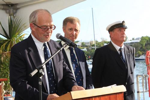 Dave Patton (L), Chairman of the Marion Bermuda Cruising Yacht Race Association, announced June 19, 2015 is the start date for the next Marion Bermuda Race. His Excellency the Governor of Bermuda Mr. George Fergusson (C) and RHADC Commodore Allan Williams (R) presented all the prizes at the ceremony. © SpectrumPhoto/Fran Grenon