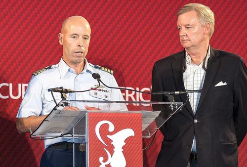 America’s Cup Press Conference - Captain Matt Bliven (US Coast Guard) (left) - Golden Gate Yacht Club Vice Commodore Tom Ehman © Guilain Grenier Oracle Team USA http://www.oracleteamusamedia.com/