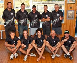 NZ Team - 2013 Internationals.  Back (L to R): Dave Shaw, Scott Pedersen, Scott Barker, Hayden Percy, Ian MacLennan.  Front (L to R): Richard Dent, Scott Hodges, Rowdy Leatham, Peter Robins, Mike Hood - 2013 Swire Shipping International Paper Tiger Catamaran Championships photo copyright Phil Benge taken at  and featuring the  class