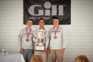(from left to right) Sammy Shea, Scott Buckstaff and Corey Lynch win the 2013 Rose Cup, a national youth match racing championship sailed in Sheboygan, Wisconsin. photo copyright Dave Perry taken at  and featuring the  class