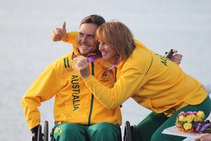 Daniel Fitzgibbon & Liesl Tesch with their gold medals - SKUD 18 - 2012 Paralympics photo copyright onEdition http://www.onEdition.com taken at  and featuring the  class