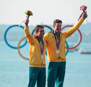 Gold Medalists Mathew Belcher and Malcolm Page on the podium at London 2012 Olympics photo copyright onEdition http://www.onEdition.com taken at  and featuring the  class