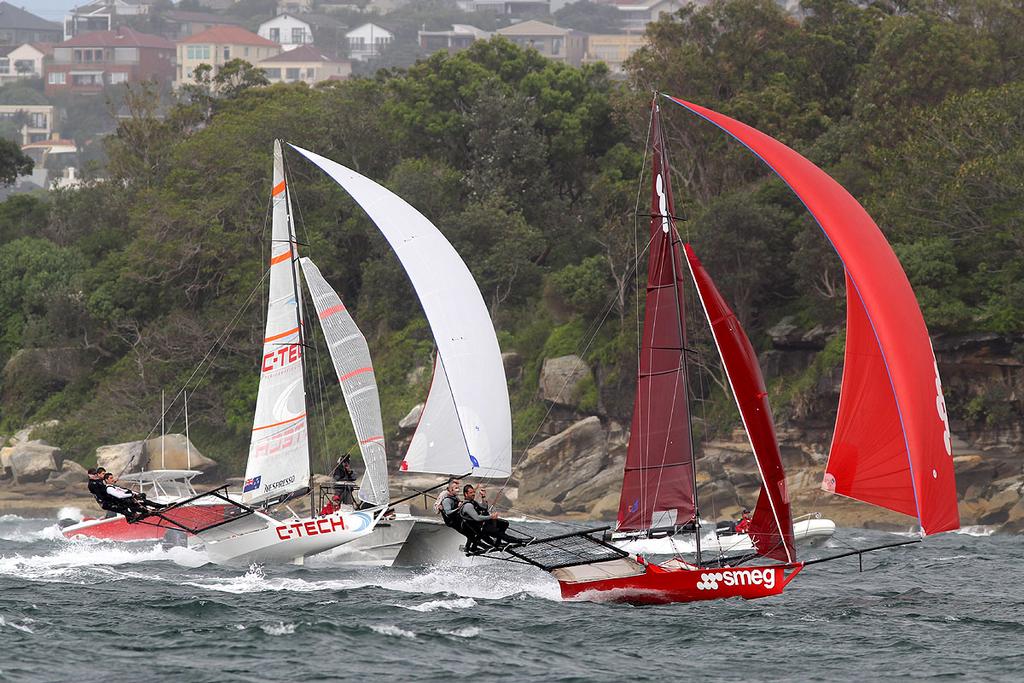 C-Tech(NZ) and Smeg (Aust.) battle during Race 7 of the JJ Giltinans photo copyright Frank Quealey /Australian 18 Footers League http://www.18footers.com.au taken at  and featuring the  class