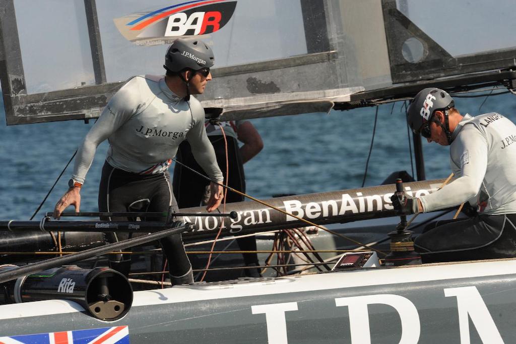 Skipper Ben Ainslie of J.P. Morgan Bar uses a very sensitive touch on the tiller as he brings his team to victory winning the day placing first on the first day of racing at the ACWS in Naples Italy April 8, 2013 photo copyright  SW taken at  and featuring the  class