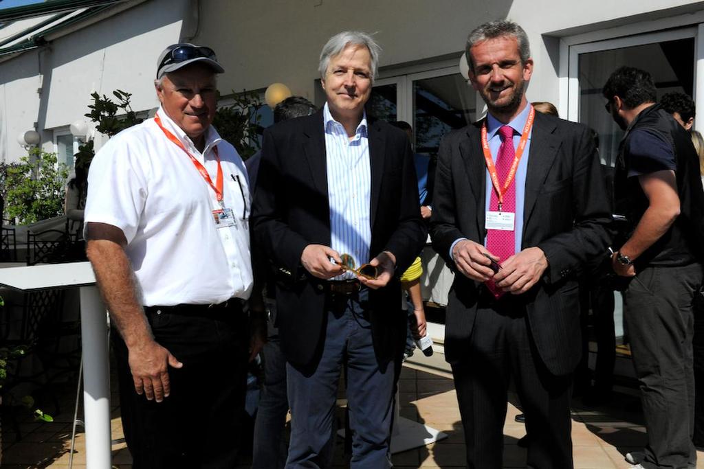 Ian Murray (left) Head of ACRM, the British Ambassador, Chris Prentice and Niccolo Porzio Camporotondo <br />
come to the Media Center for a visit on April18, 2013 in Naples Italy for the ACWS ©  SW
