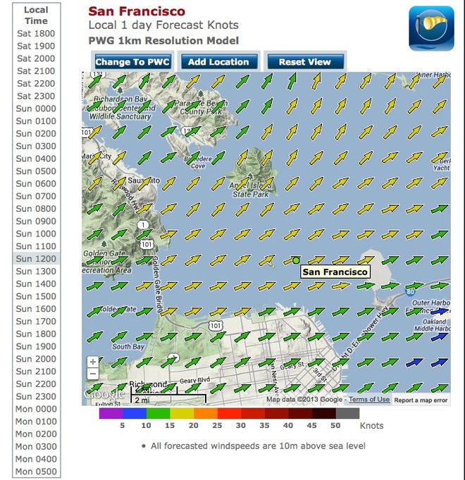 12.00pm Predictwind - July 21, 2013 - San Francisco.<br />
Time on the left, windstrength colour code at the bottom of the chart. © PredictWind.com www.predictwind.com