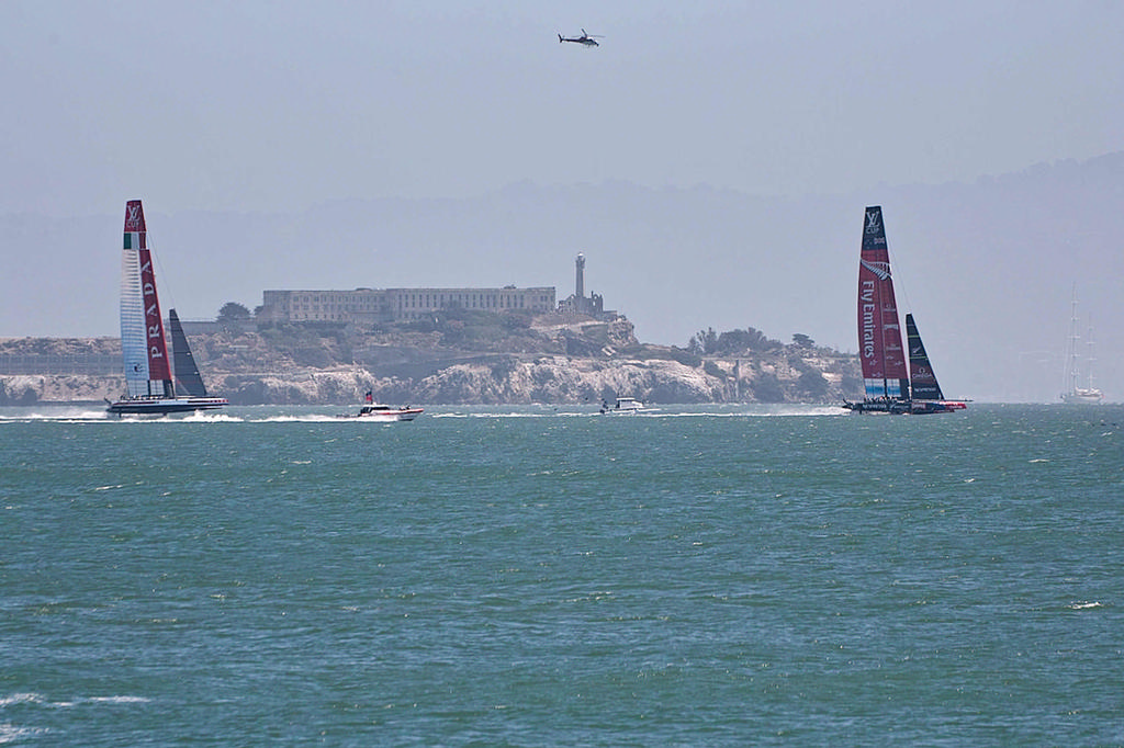 In the haze with Alcatraz in the background, ETNZ leads Luna Rossa by a wide margin right after the start - America's Cup 2013 photo copyright Chuck Lantz http://www.ChuckLantz.com taken at  and featuring the  class