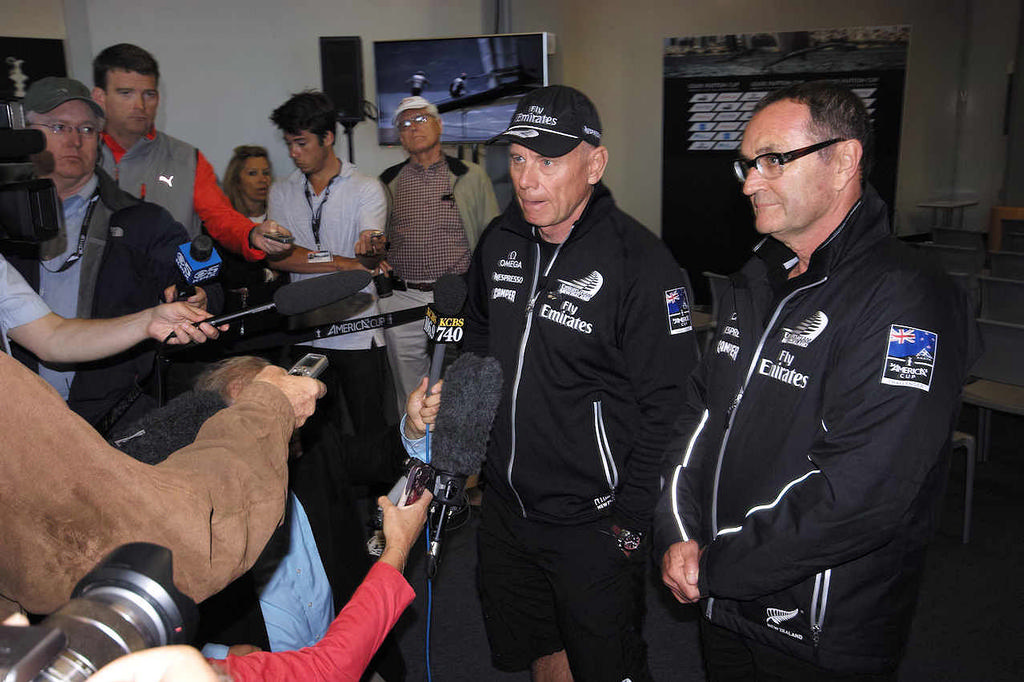 Grant Dalton (left) and Russell Green Emirates Team NZ’s Rules Adviser at a media conference in San Francisco in 2013 © Chuck Lantz http://www.ChuckLantz.com