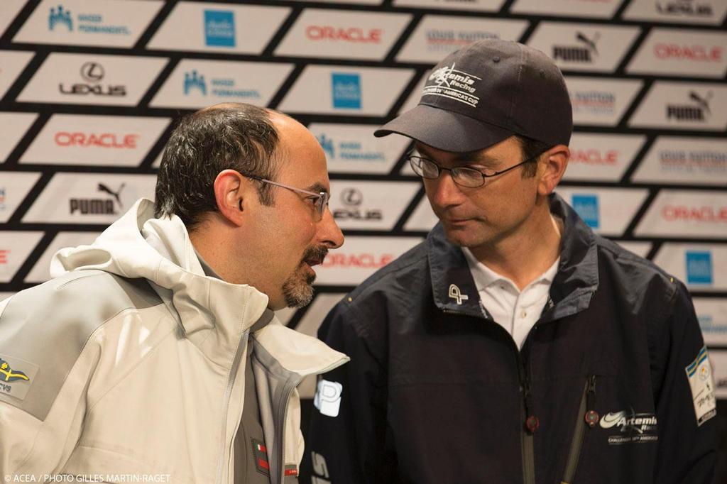 02/08/2013 - San Francisco (USA,CA) - 34th America's Cup - Louis Vuitton Cup - Semi- finals - Media Briefing  - Giorgio Provinciali (Luna Rossa Design team)  with Adam May (Artemis Racing Design Team) photo copyright ACEA - Photo Gilles Martin-Raget http://photo.americascup.com/ taken at  and featuring the  class