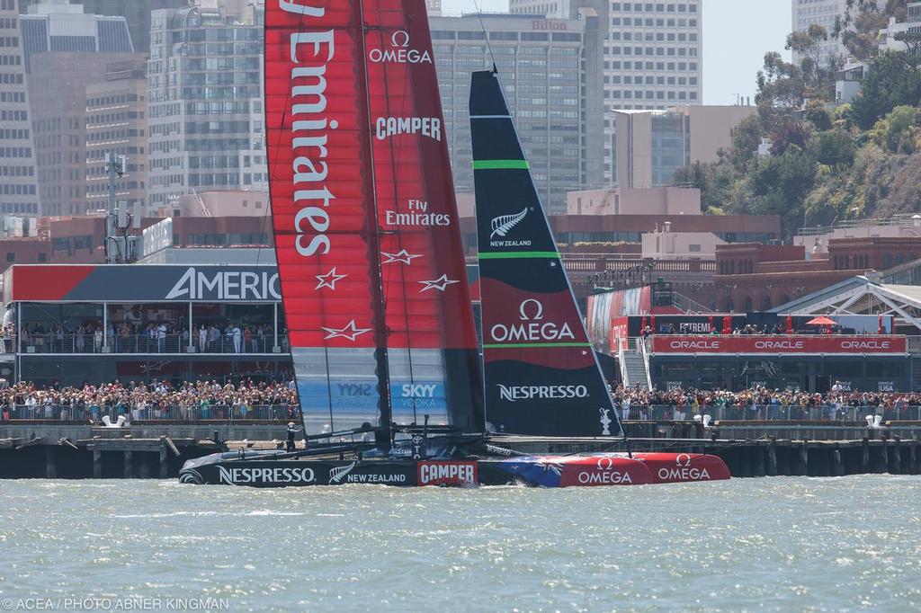 Emirates Team NZ acknowledges their many fans - San Francisco (USA CA) - 34th America’s Cup - photo copyright ACEA / Photo Abner Kingman http://photo.americascup.com taken at  and featuring the  class