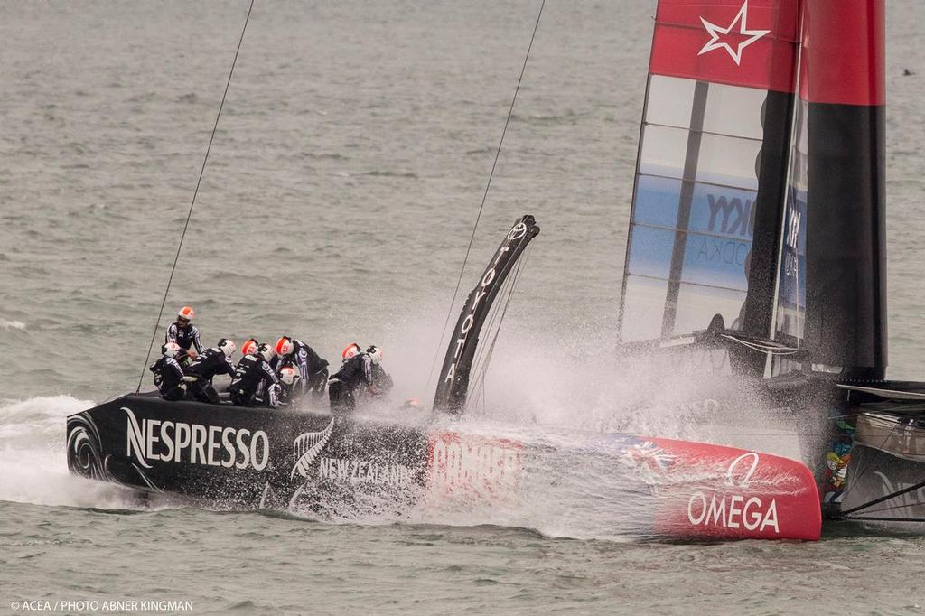 Lack of a jib forced some re-balancing - Louis Vuitton Cup Round Robbin, Race Day 9 Emirates Team New Zealand vs Luna Rossa photo copyright ACEA / Photo Abner Kingman http://photo.americascup.com taken at  and featuring the  class