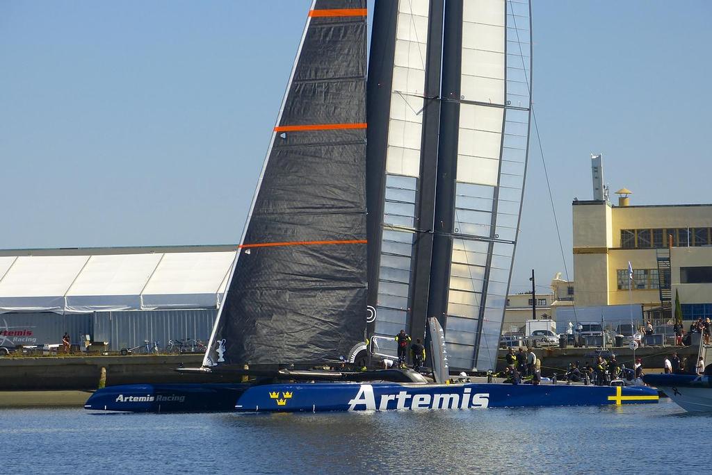 Leaving the dock - Artemis Racing - Blue Boat - First Sail, July 24, 2013 photo copyright John Navas  taken at  and featuring the  class