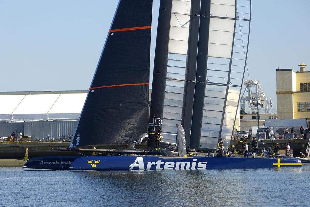 Leaving the dock - Artemis Racing - Blue Boat - First Sail, July 24, 2013 photo copyright John Navas  taken at  and featuring the  class