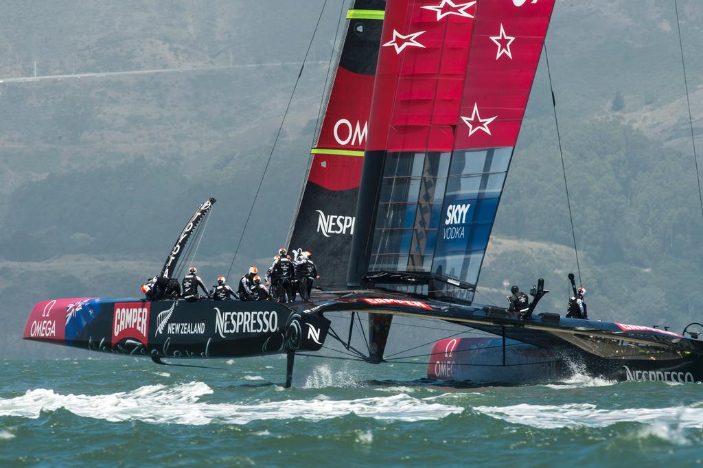 Emirates Team New Zealand test conditions on the race course for their first real match of the Louis Vuitton Cup against Lunna Rossa. 13/7/2013 photo copyright Chris Cameron/ETNZ http://www.chriscameron.co.nz taken at  and featuring the  class