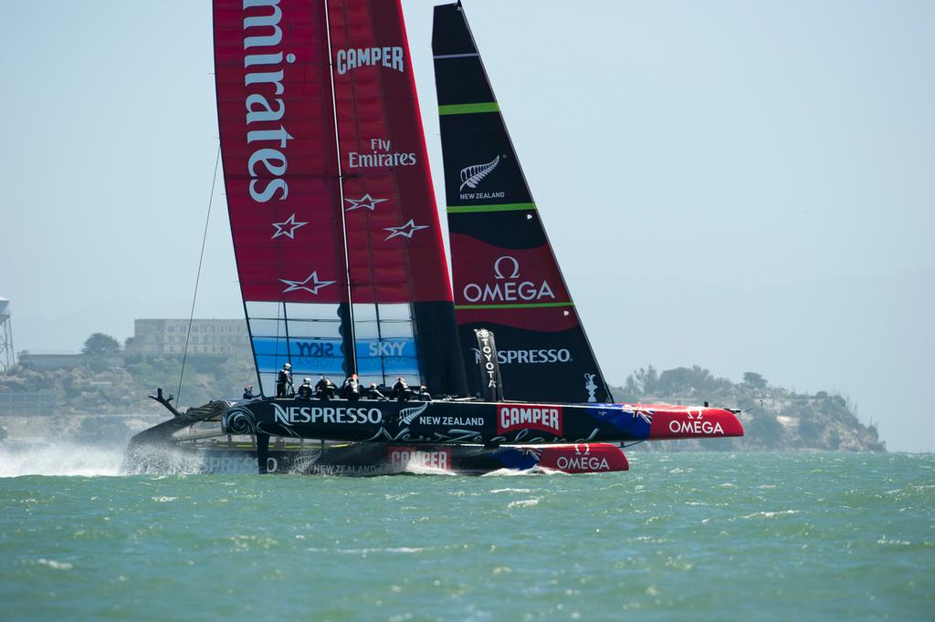 Emirates Team New Zealand test conditions on the race course for their first real match of the Louis Vuitton Cup against Lunna Rossa. 13/7/2013 photo copyright Chris Cameron/ETNZ http://www.chriscameron.co.nz taken at  and featuring the  class