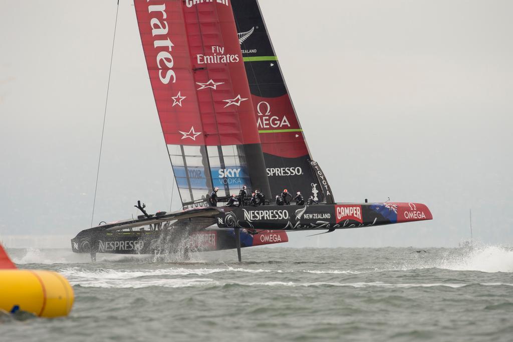 Emirates Team New Zealand sail around the course alone in their round robin 2 match of the Louis Vuitton Cup against Artemis Racing. 14/7/2013 photo copyright Chris Cameron/ETNZ http://www.chriscameron.co.nz taken at  and featuring the  class