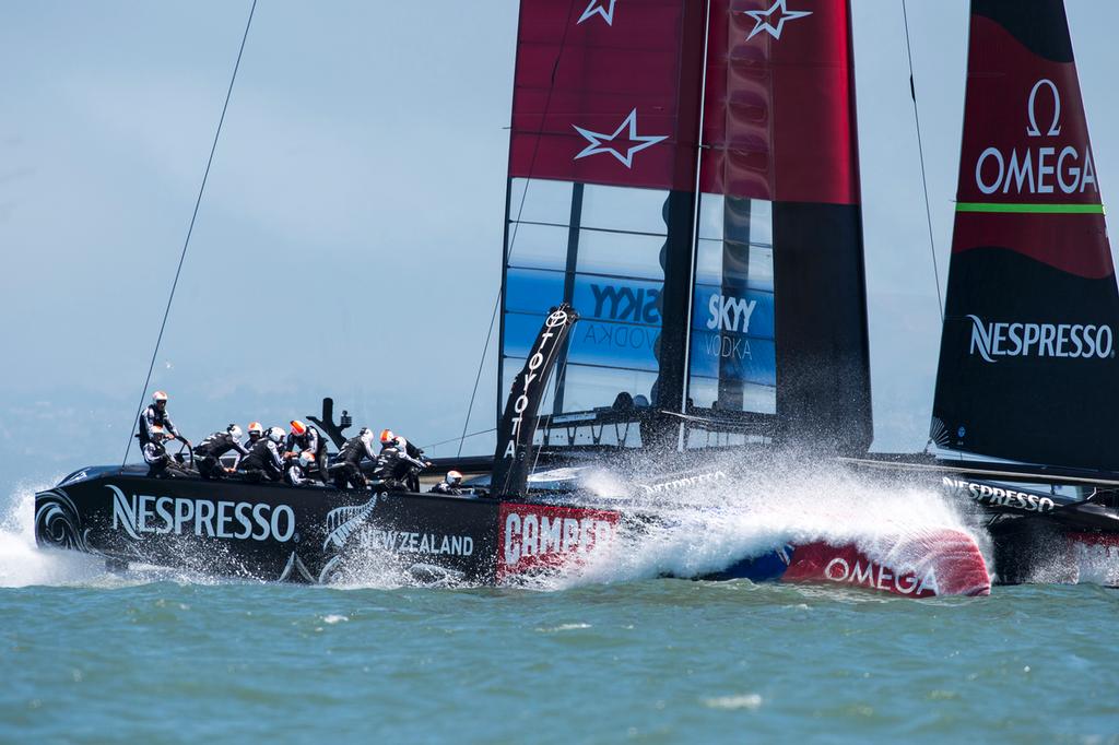 Emirates Team New Zealand on the final reach to the finish line in their Round Robin 3 match against Artemis Racing in the Louis Vuitton Cup 2013. 18/7/2013 photo copyright Chris Cameron/ETNZ http://www.chriscameron.co.nz taken at  and featuring the  class