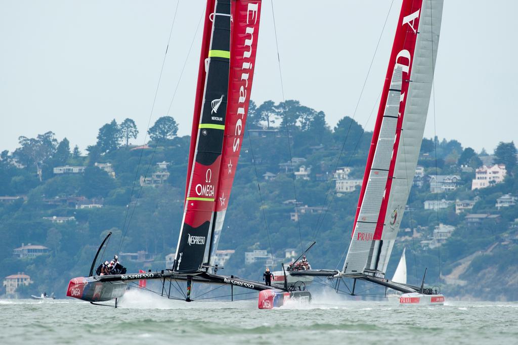 Emirates Team New Zealand NZL5 and Luna Rossa start their Round Robin four match of the 2013 Louis Vuitton Cup.  © Chris Cameron/ETNZ http://www.chriscameron.co.nz