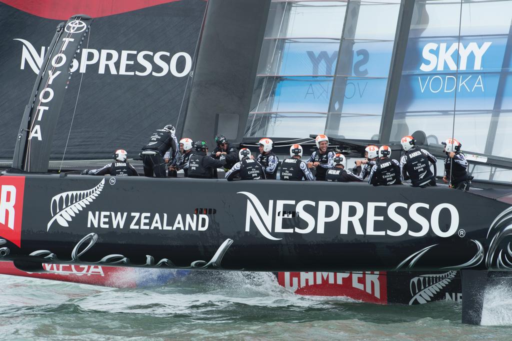 Emirates Team New Zealand takes Tom Cruise for a ride on NZL5 after the Round Robin 5 race against luna Rossa. Louis Vuitton Cup 2013. San Francisco. 28/7/2013 photo copyright Chris Cameron/ETNZ http://www.chriscameron.co.nz taken at  and featuring the  class