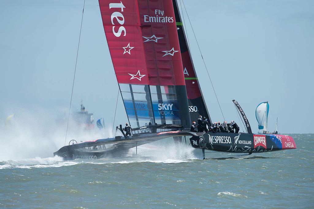 Emirates Team New Zealand takes Tom Cruise for a ride on NZL5 after the Round Robin 5 race against luna Rossa. Louis Vuitton Cup 2013. San Francisco. 28/7/2013 photo copyright Chris Cameron/ETNZ http://www.chriscameron.co.nz taken at  and featuring the  class