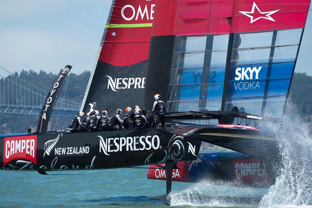 Emirates Team New Zealand takes Tom Cruise (in black helmet) for a ride on NZL5 after the Round Robin 5 race against luna Rossa. Louis Vuitton Cup 2013. San Francisco. 28/7/2013 photo copyright Chris Cameron/ETNZ http://www.chriscameron.co.nz taken at  and featuring the  class