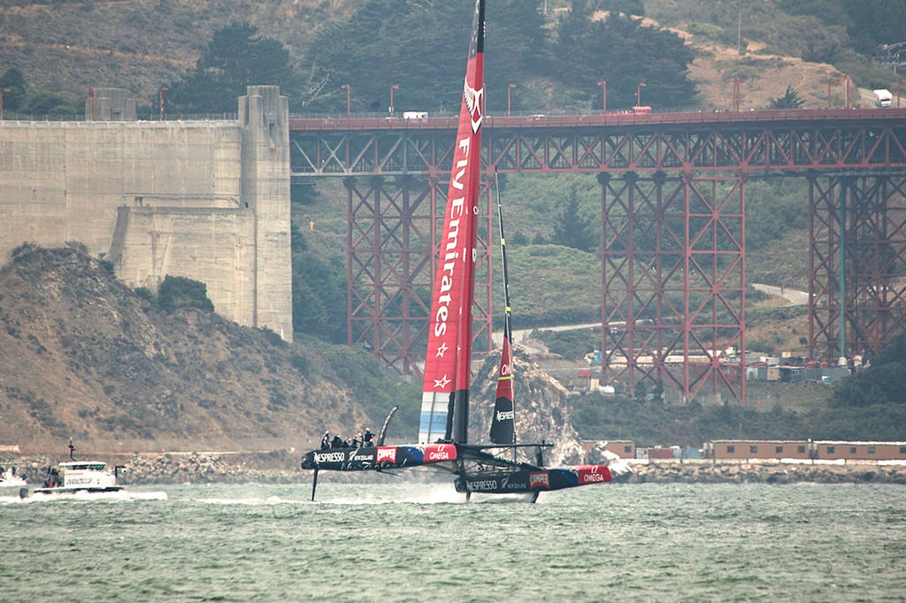ETNZ turns towards the finish with the North approach to the Golden Gate bridge in the background. - America’s Cup 2013 © Chuck Lantz http://www.ChuckLantz.com