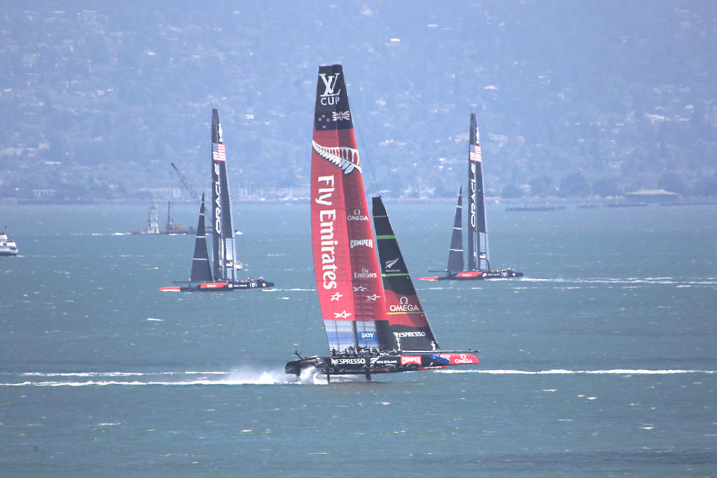 ETNZ, framed in the background by Oracle's AC72s - America's Cup © Chuck Lantz http://www.ChuckLantz.com
