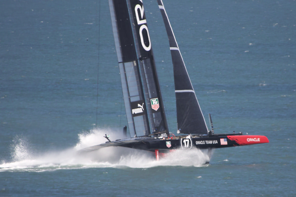 One of Oracle's two AC72s powers downwind - America's Cup © Chuck Lantz http://www.ChuckLantz.com