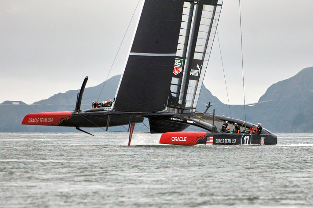 Oracle's daggerboards are noticeably flatter than those seen on other team boards.  - America's Cup © Chuck Lantz http://www.ChuckLantz.com